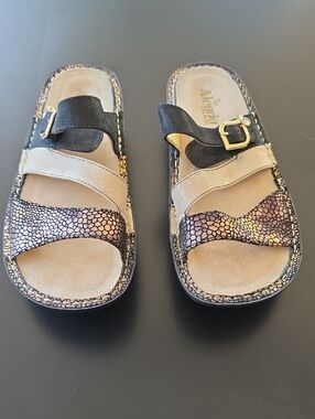 Alegria Black, Gold and Metallic Snake-Print Slide Sandals